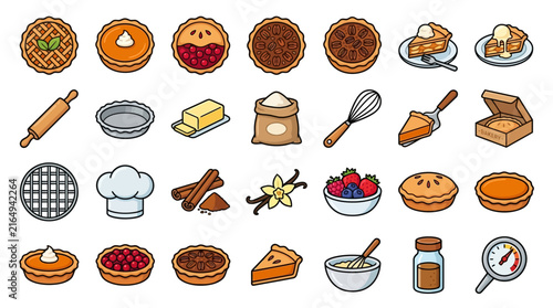 Premium Vector Icon Set Featuring Delicious Baked Pies and Essential Baking Tools for Culinary Enthusiasts and Kitchen Themes
