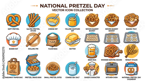 Collection of National Pretzel Day Food and Bakery Vector Icons for Culinary Baking Projects and Celebration Design Elements