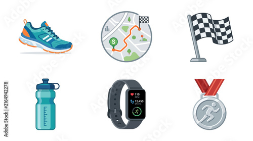 Running Equipment and Race Route Icons Set Featuring Athletic Shoes Map Navigation Checkered Flag Water Bottle Tracker and Medal