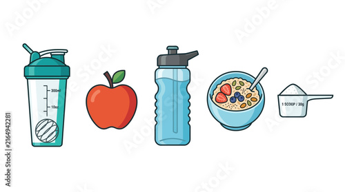 Healthy Fitness Lifestyle Icons Featuring Protein Shaker Bottle, Fresh Apple, Water Bottle, Oatmeal Bowl, and Protein Powder Scoop