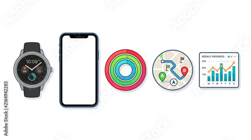 Smartwatch and Smartphone with Digital Activity Tracking Icons and Analytics Data Visualization Elements for Mobile Applications