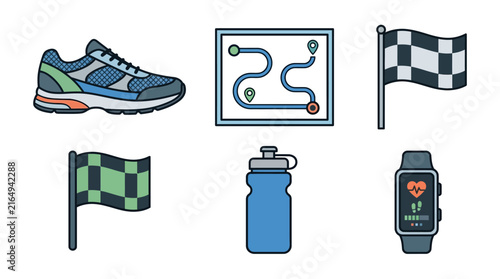 Set of Running and Fitness Equipment Icons Featuring Sports Footwear, Route Map, Checkered Flag, Water Bottle, and Digital Heart Rate Monitor