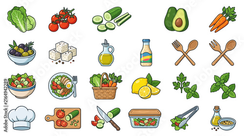 Set of colorful flat vector illustrations depicting fresh salad ingredients, cooking utensils, and healthy meal preparation icons