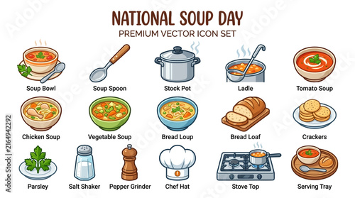 National Soup Day Culinary Vector Icon Set Featuring Bowls, Cooking Utensils, Fresh Ingredients and Kitchenware for Food Bloggers