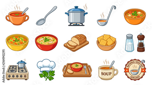 Culinary Soup Day Vector Icon Set Representing Homemade Meals and Cooking Equipment for Kitchen Preparation and Healthy Dining Themes
