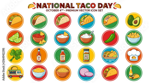 National Taco Day Celebration Vector Icon Set Featuring Traditional Mexican Cuisine Ingredients and Food Truck Illustrations