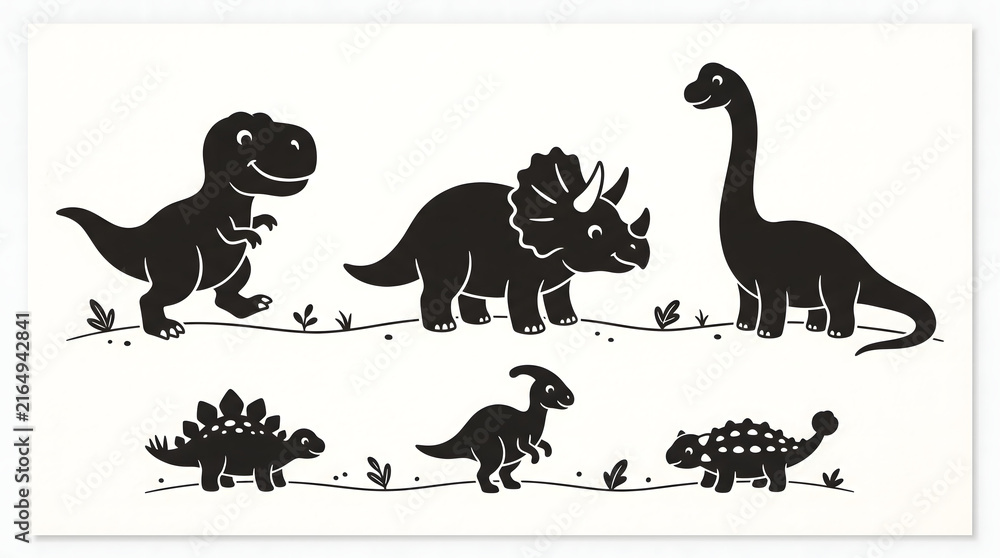 Obraz premium Cute cartoon dinosaurs collection black and white illustration