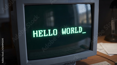 retro computer screen with hello world text