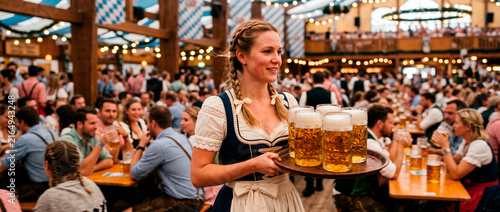 Woman waitress in dirndl carrying tray with beer mug in crowded Oktoberfest tent. bavarian folk festival and german tradition celebration. beer culture and hospitality concept.