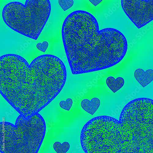 Glowing glitter blue hearts pattern neon gradient green background heart texture wallpaper