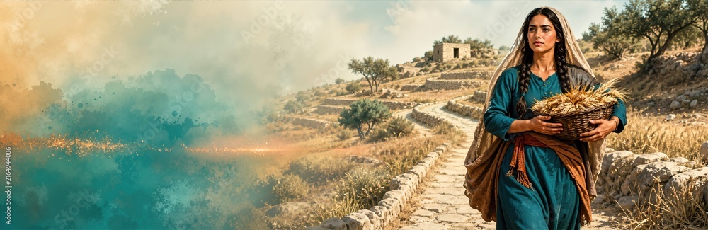 Fototapeta premium Biblical woman Ruth walking along stone pathway carrying basket of golden barley grain in rural hills. Ancient Israelite scene with teal watercolor background texture and banner copy space