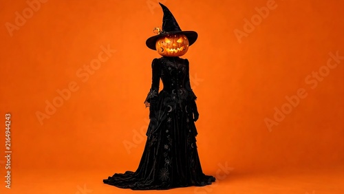 Tapety artystyczne Surreal Witch Costume with Glowing Pumpkin Head on Orange Background