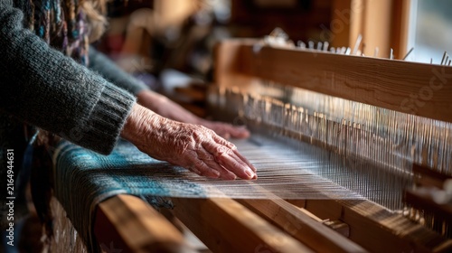 Hands weaving a fabric