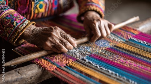 Hands weaving colorful textiles