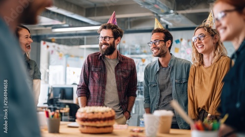 Happy coworkers celebrating a birthday