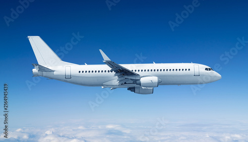 Принти на полотні White Commercial Jet Airplane Flying in Blue Sky Above White Clouds Side Profile
