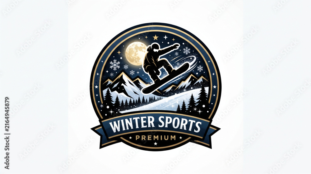 Fototapeta premium Premium Winter Sports Badge Vector with Snowboarder Mountains and Night Sky
