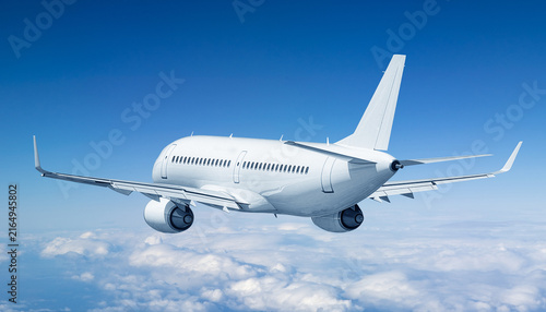 Foto White commercial airplane flying away into blue sky high above cloudscape rear v