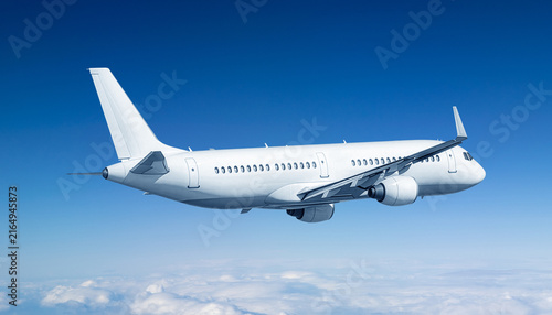 Rear side perspective of white commercial airplane flying above clouds in clear blue sky, modern passenger jetliner in flight, global aviation travel transport concept, clean jet mockup