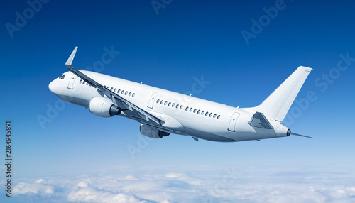 White commercial jet airplane ascending upward into clear blue sky above clouds, modern passenger airliner flying high, civil aviation transport concept, blank aircraft mockup template