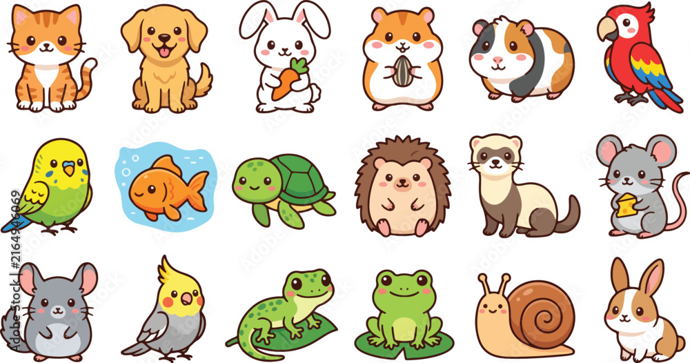 Obraz premium Cute Kawaii Domestic Small Pets Animals Vector Sticker Set