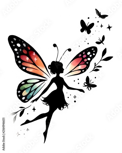 Elegant Fairy Silhouette with Colorful Watercolor Butterfly Wings Tattoo Design