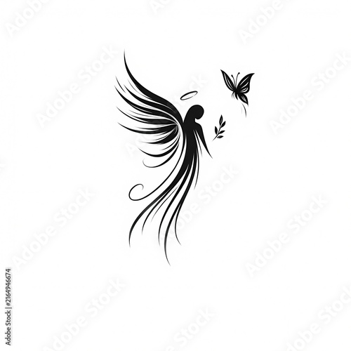 Abstract Feathered Angel Fairy Silhouette with Butterfly and Leaf Branch Tattoo Design