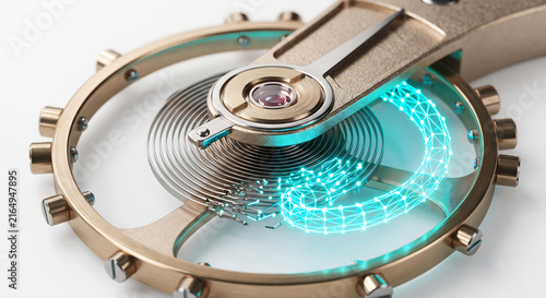 Mechanical Watch Hairspring Transitioning into Digital Wireframe