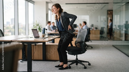 businesswoman experiencing sudden back pain while standing up from desk in modern office