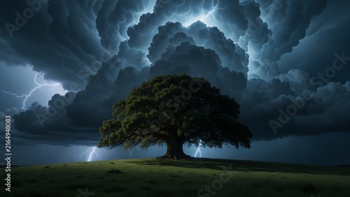 Oak Tree Under a Towering Storm Cloud in Summer