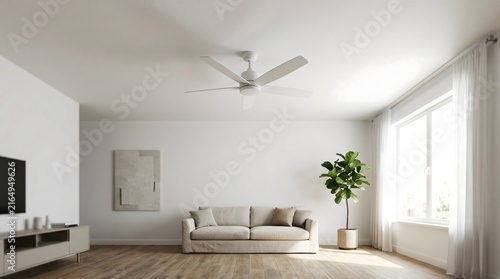 Modern Minimalist Living Room Interior With White Ceiling Fan And Sofa