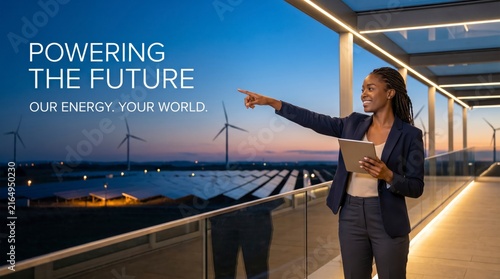 Businesswoman pointing at renewable energy wind turbines and solar farm at sunset