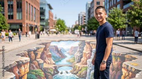 Young man standing next to a 3D street art painting of a canyon in a city plaza.
