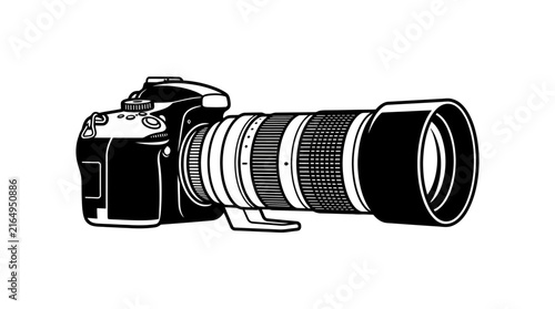 Foto Camera with a large telephoto zoom lens captures professional photography equipment details for use in technical articles, media production workshops, and digital imaging hardware marketing materials