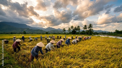 Group of Indonesian farmers harvesting rice manually in golden paddy field during beautiful sunset