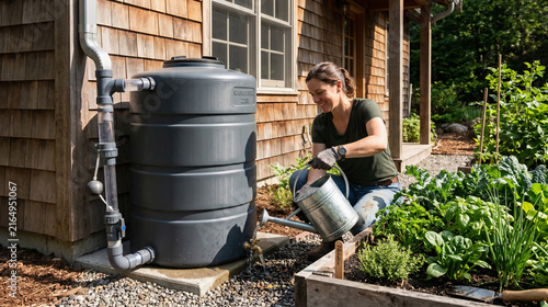 Rainwater Storage Tank Powering a Kitchen Garden at a Small Off-Grid Home