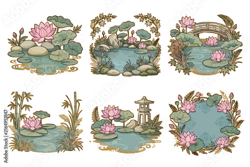 Collection of Vintage Style Japanese Garden Lotus Pond Illustrations
