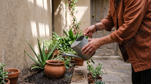 Resident waters a shaded drought tolerant entry planter