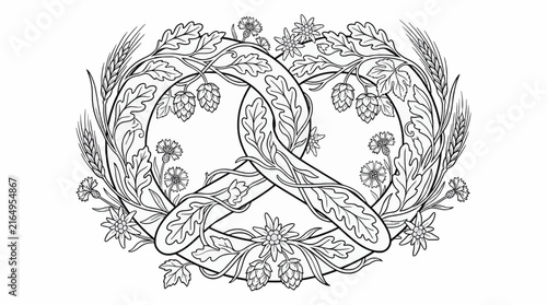 Obraz na plátne Black and white vector illustration of a pretzel entwined with hops, wheat, and