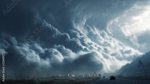 Dramatic dark storm clouds gathering over mountain highway.