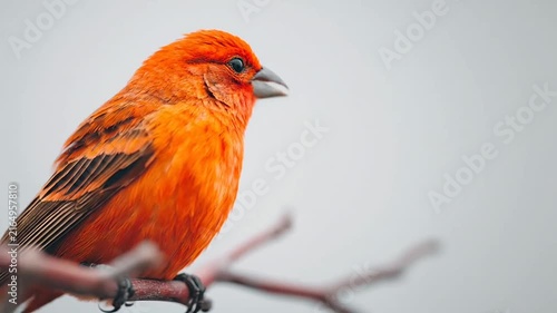 Bright orange bird perched on a thin twig.