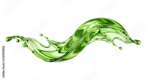 Green liquid splash with swirling curves and droplets a 3d rendering on transparent background fluid lime emerald wave curve