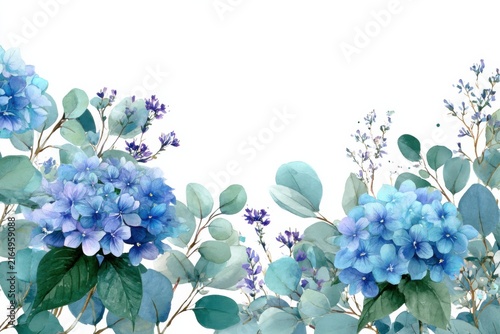 青い紫陽花とユーカリの葉のイラスト