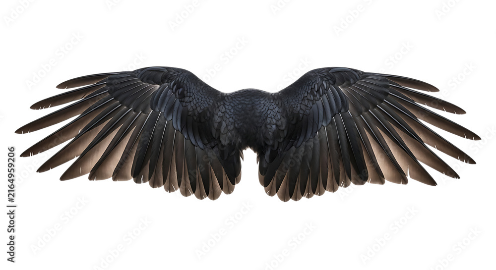 Naklejka premium Detailed raven wings spread in a dynamic pose showcasing feather texture on transparent background feathers avian bird flight plumage
