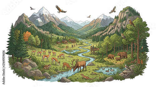 Wilderness landscape with wildlife and mountains