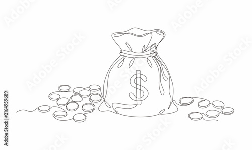 Continuous One Line Drawing of Money Bag with Dollar Symbol and Coins Stacked Around