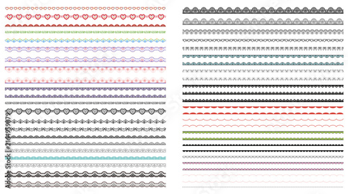 Mixed lace border trim set in black, red, pink, green, blue with scalloped crochet patterns, heart motifs, bow accents on white background for wedding dividers, craft stationery labels.