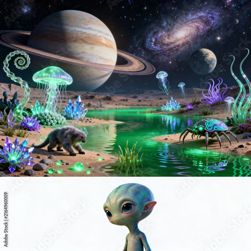 Cute Alien On Glowing Extraterrestrial Planet Shore