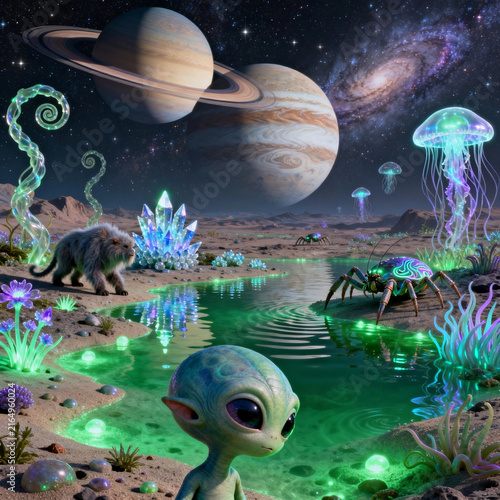 Cute Alien On Glowing Extraterrestrial Planet Shore