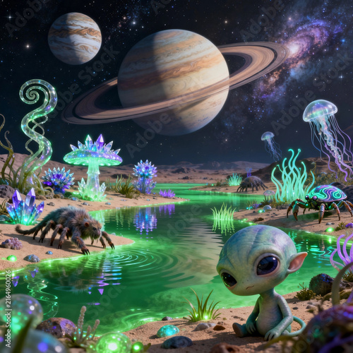 Cute Alien On Glowing Extraterrestrial Planet Shore